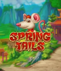 A whimsical illustration of a white rat wearing a red traditional Chinese outfit standing in a scenic landscape with mountains. The image represents the Spring Tails Slot by Betsoft, highlighted with striking red and gold logo text.